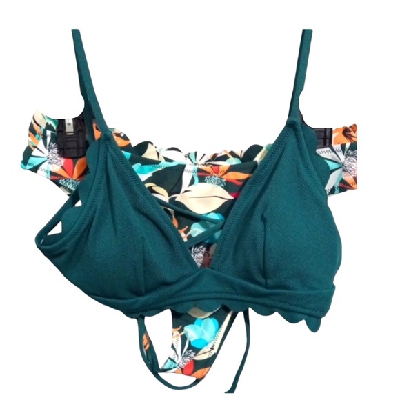 LACE UP TOP & LOW RISE BIKINI GREEN FLORAL SCALLOPED EDGE SIZE MEDIUM Host Pick - Picture 6 of 13